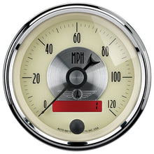 Load image into Gallery viewer, AutoMeter Gauge Speedo 3-3/8in. 120MPH Elec. Program W/Lcd Odo Prestige Antique. Ivory