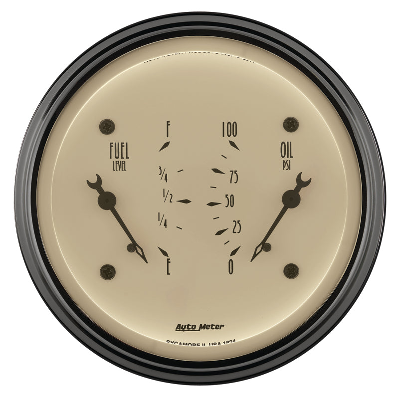 AutoMeter Gauge Dual Fuel & Oilp 3-3/8in. 0 Ohm(e) to 90 Ohm(f)& 100PSI Elec Antique Beige