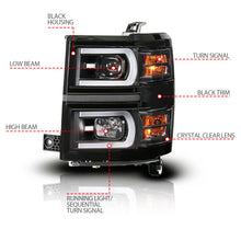 Load image into Gallery viewer, ANZO 14-15 Chevy Silverado 1500 Black Dual Switchback+Sequential LED Tube Sq. Projector Headlights