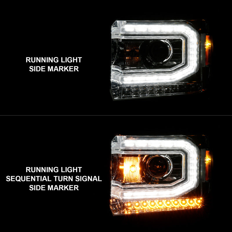 ANZO 2014-2015 GMC Sierra 1500 Projector Headlights w/ Light Bar Chrome Housing (Halogen Type)